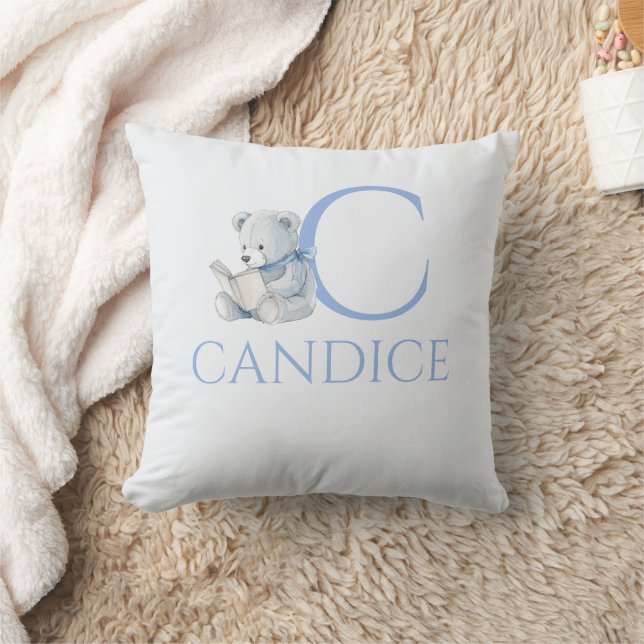 Custom Name Blue bear reading a book Cushion (Blanket)