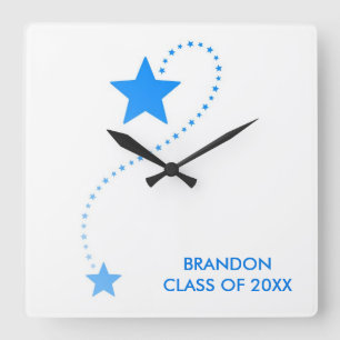 Custom Name Blue Brandon, Class of, Graduation Sta Square Wall Clock