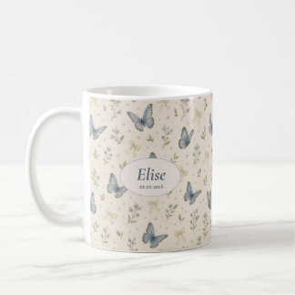 Custom Name Blue Butterfly Bow Vintage Floral Gift Coffee Mug