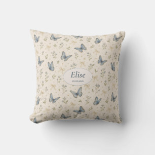 Custom Name Blue Butterfly Bow Vintage Floral Gift Cushion