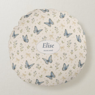 Custom Name Blue Butterfly Bow Vintage Floral Gift Round Cushion