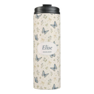 Custom Name Blue Butterfly Bow Vintage Floral Gift Thermal Tumbler