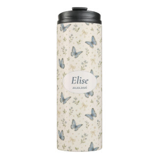 Custom Name Blue Butterfly Bow Vintage Floral Gift Thermal Tumbler
