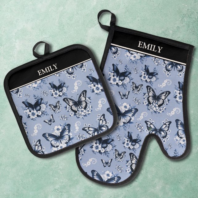 Custom Name Blue Butterfly Pattern Oven Mitt & Pot Holder Set (Creator Uploaded)