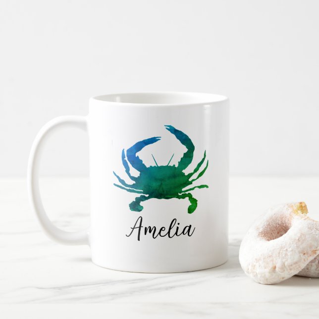 Custom Name Blue Crab Painting Coffee Mug (With Donut)