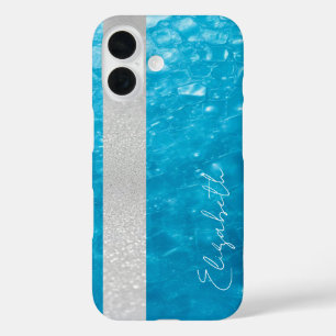 Custom Name Blue Crystal & Silver Glitter iPhone 16 Case