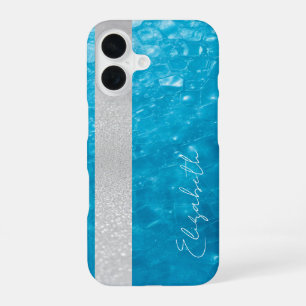 Custom Name Blue Crystal & Silver Glitter iPhone 16 Case