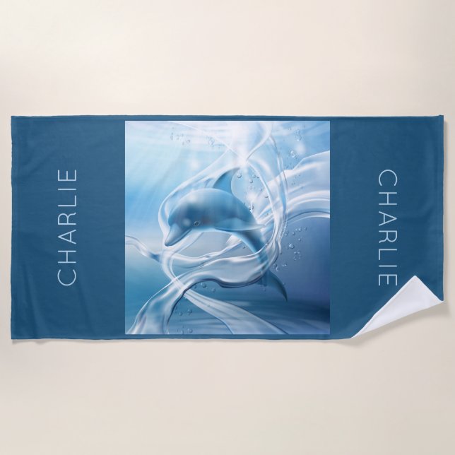 Custom name Blue Dolphin beach towel (Front)