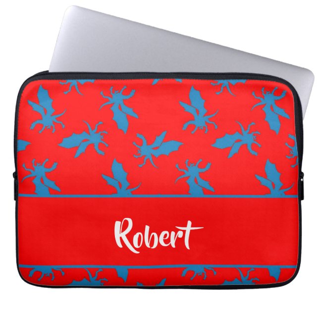 Custom name blue dragons on red laptop sleeve (Front)