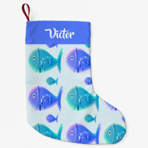 Custom name blue fish small christmas stocking
