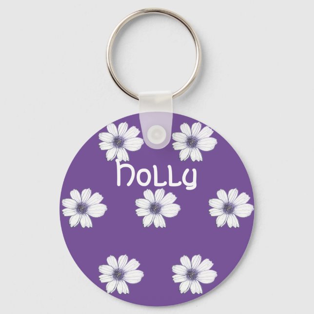 Custom Name Blue flower pattern Button Key Ring (Front)