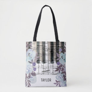 custom name blue flowers music notes piano tote bag