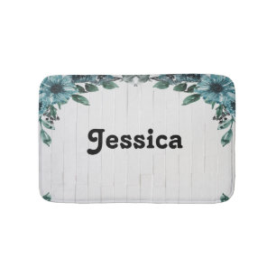Custom name blue flowers on grey wood bath mat