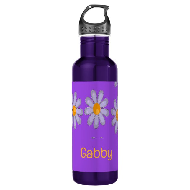 Custom name blue flowers on purple 710 ml water bottle (Front)