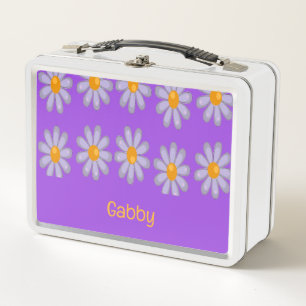 Custom name blue flowers on purple metal lunch box