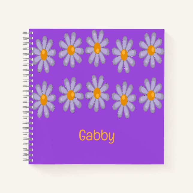 Custom name blue flowers on purple notebook (Front)