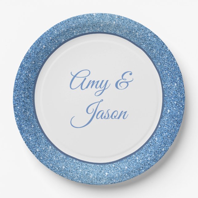 Custom Name Blue Glitter 9" Paper Plates (Front)