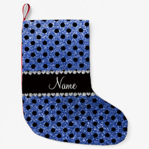 Custom name blue glitter black polka dots small christmas stocking