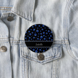 Custom name, blue glitter dog paws 7.5 cm round badge