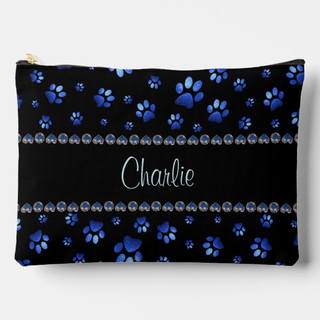 Custom name, blue glitter dog paws accessory pouch (Front)