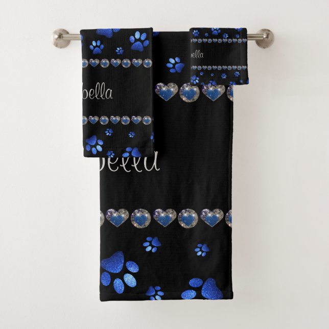Custom name, blue glitter dog paws  bath towel set (Insitu)