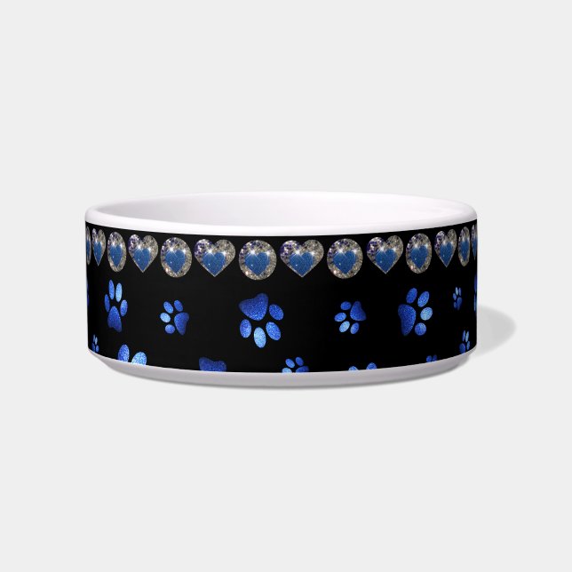 Custom name, blue glitter dog paws bowl (Front)