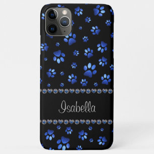 Custom name, blue glitter dog paws iPhone 11 pro max case