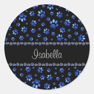Custom name, blue glitter dog paws classic round sticker