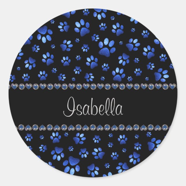 Custom name, blue glitter dog paws classic round sticker (Front)