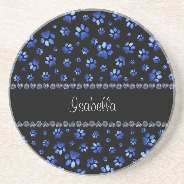 Custom name, blue glitter dog paws coaster (Front)