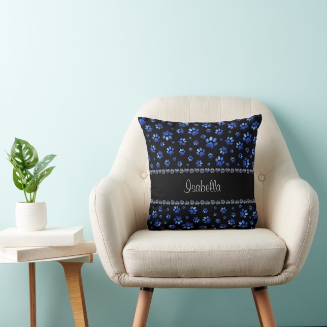 Custom name, blue glitter dog paws cushion (Chair)