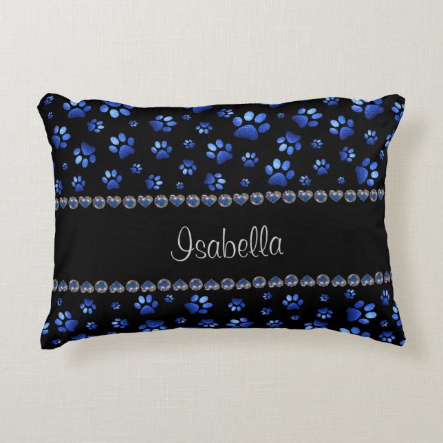 Custom name, blue glitter dog paws decorative cushion (Front)