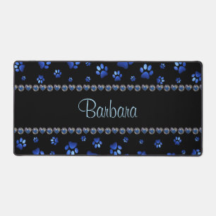 Custom name, blue glitter dog paws desk mat