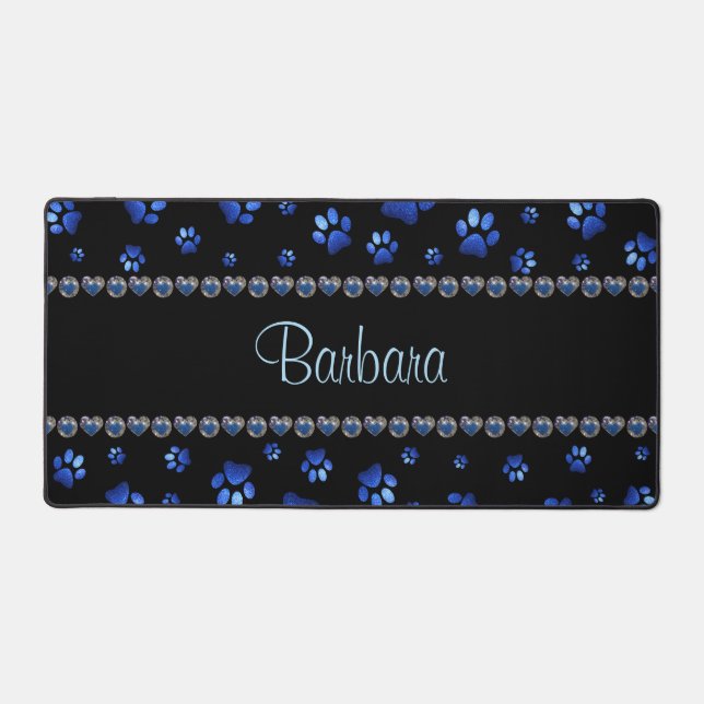 Custom name, blue glitter dog paws  desk mat (Front)