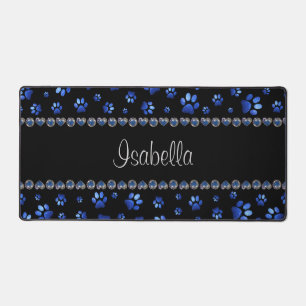 Custom name, blue glitter dog paws desk mat