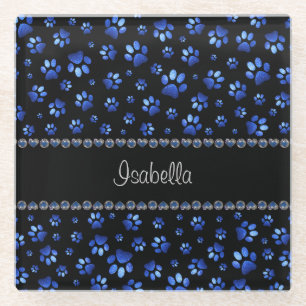Custom name, blue glitter dog paws glass coaster