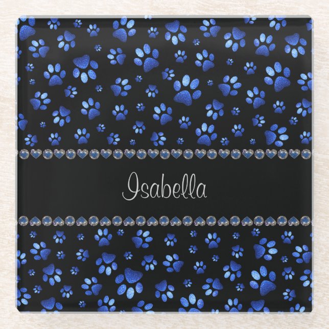 Custom name, blue glitter dog paws glass coaster (Front)