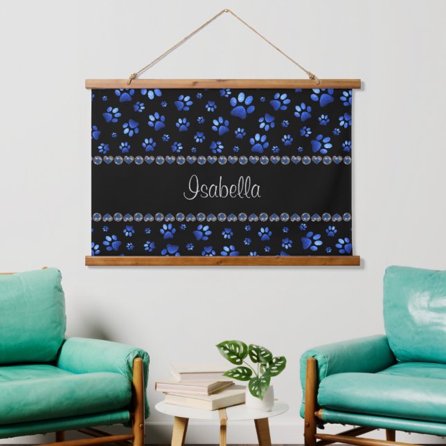 Custom name, blue glitter dog paws hanging tapestry (Living Room)