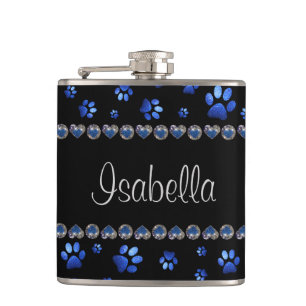 Custom name, blue glitter dog paws hip flask