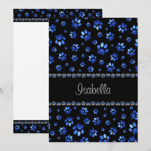 Custom name, blue glitter dog paws invitation