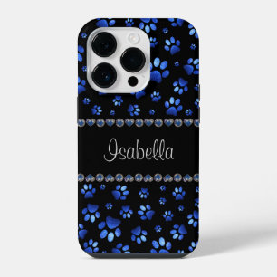 Custom name, blue glitter dog paws iPhone 14 pro case