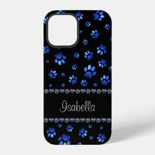 Custom name, blue glitter dog paws iPhone 12 case