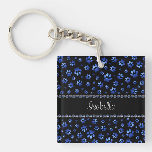 Custom name, blue glitter dog paws key ring (Front)