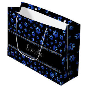 Custom name, blue glitter dog paws large gift bag