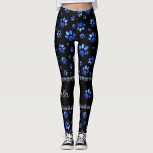 Custom name, blue glitter dog paws leggings