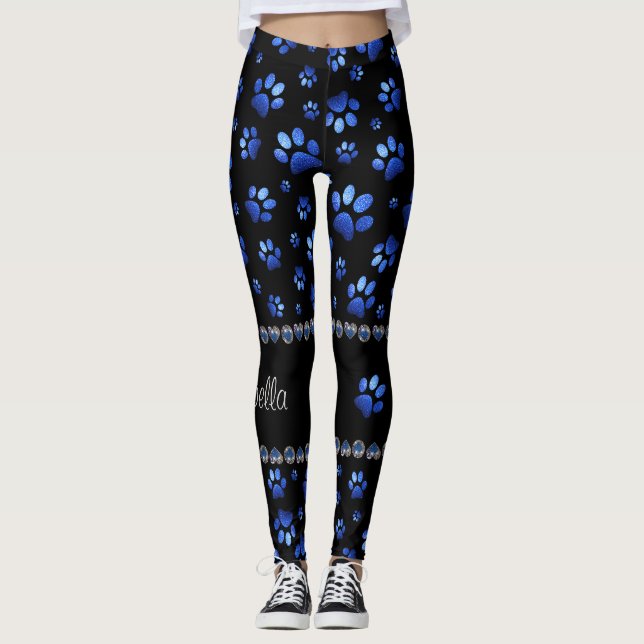 Custom name, blue glitter dog paws leggings (Front)