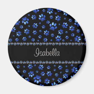 Custom name, blue glitter dog paws magnet