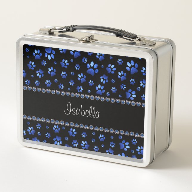 Custom name, blue glitter dog paws metal lunch box (Front)
