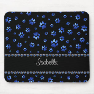 Custom name, blue glitter dog paws mouse pad