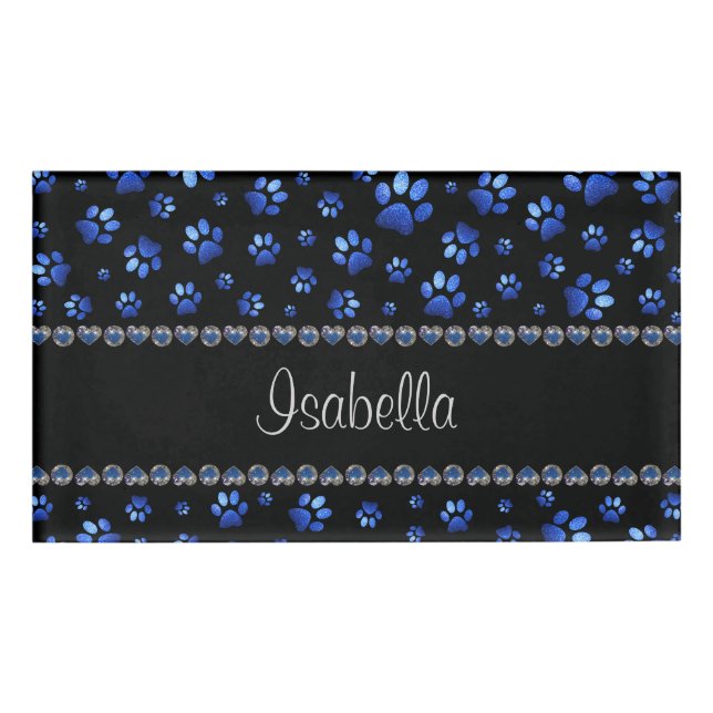 Custom name, blue glitter dog paws name tag (Front)